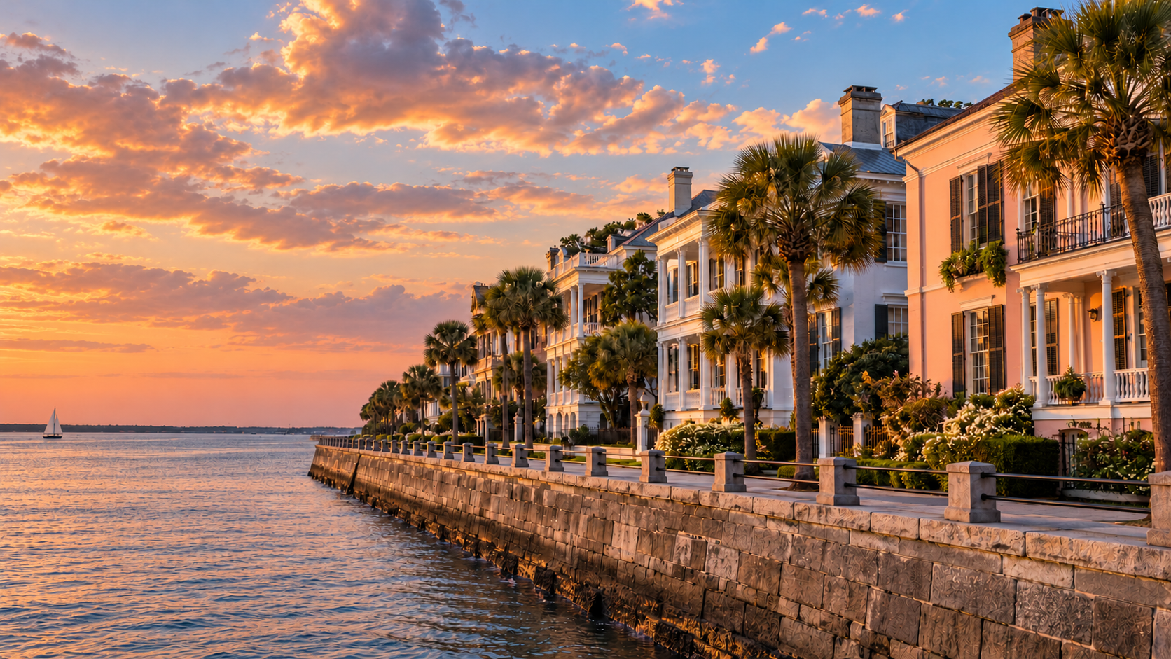 AI-generated view of Charleston’s historic waterfront in warm evening light